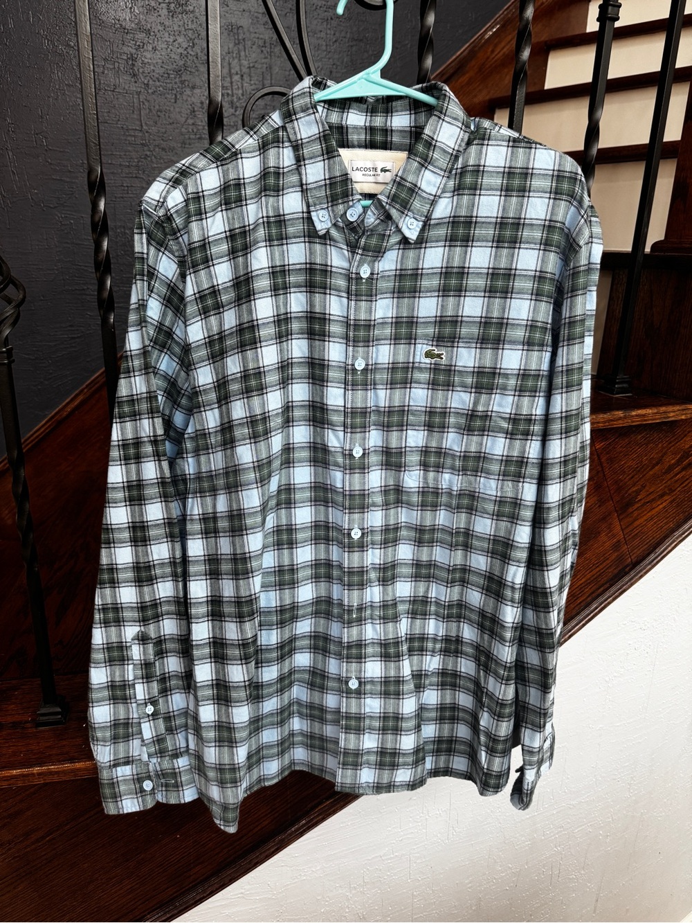 Lacoste XL Men's Blue and Green Plaid Button-Down Flannel Shirt